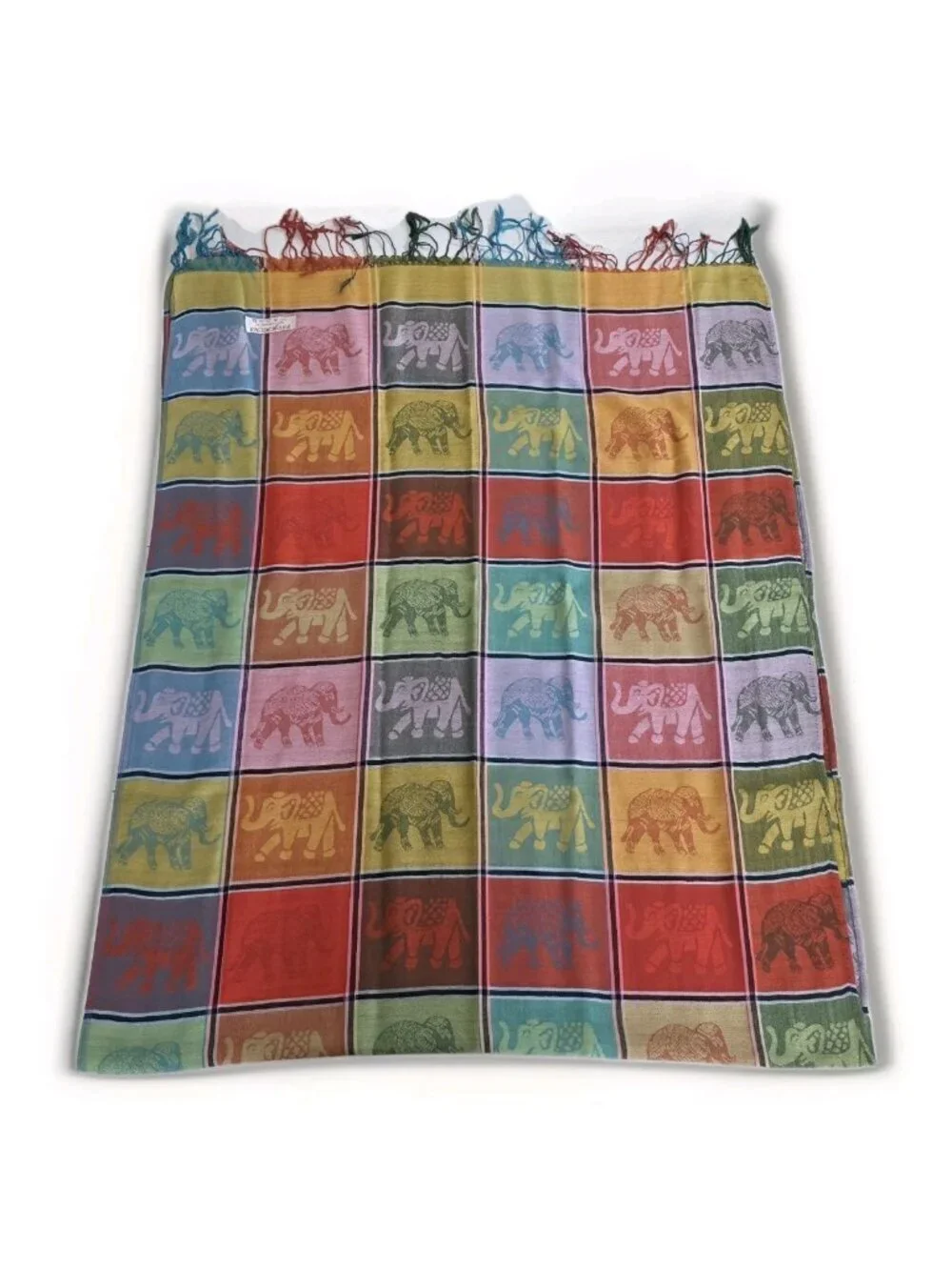 Nareerat Cashmere Pashmina Scarf 27 x 68 Inches Multicolor Elephant Print Fringe